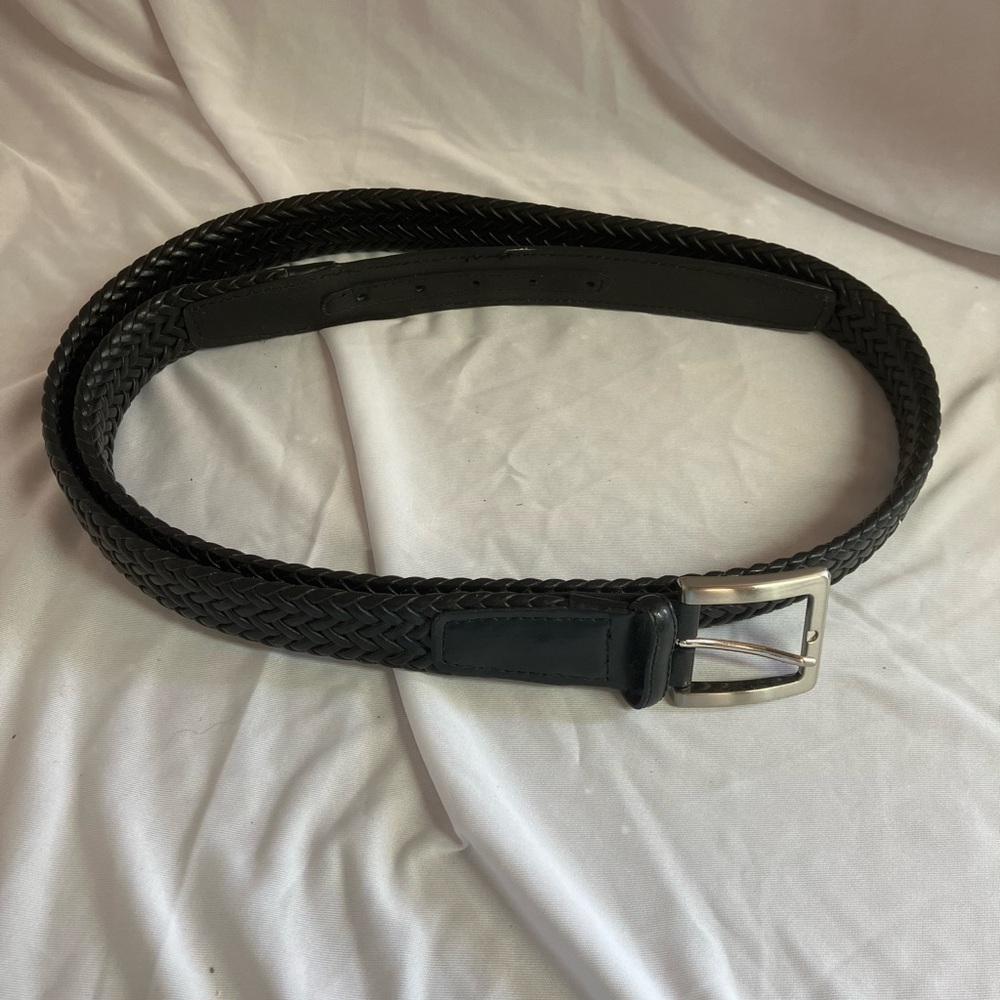 Classic Black Braided Leather Belt with Silver Buckle
